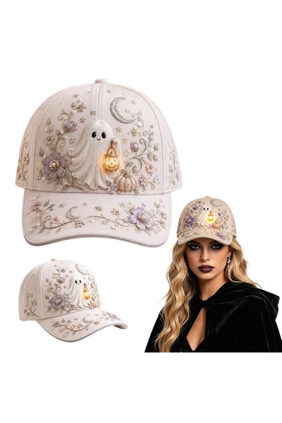 2D Embroidered Baseball Cap for Women, Adjustable Cotton Hat with Witch, Ghost, Pumpkin & Bat Design(b)