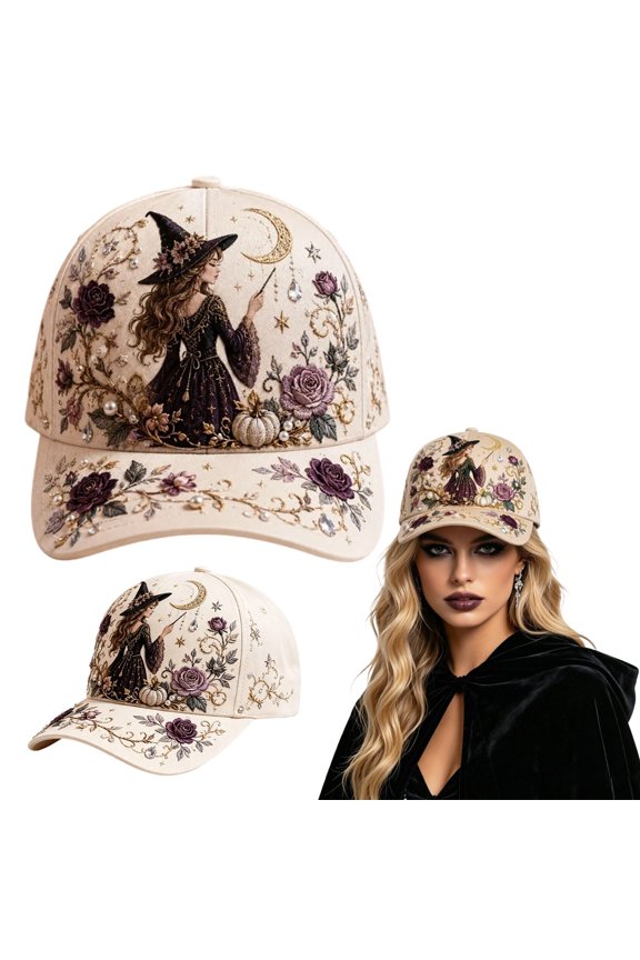 2D Embroidered Baseball Cap for Women, Adjustable Cotton Hat with Witch, Ghost, Pumpkin & Bat Design(b)