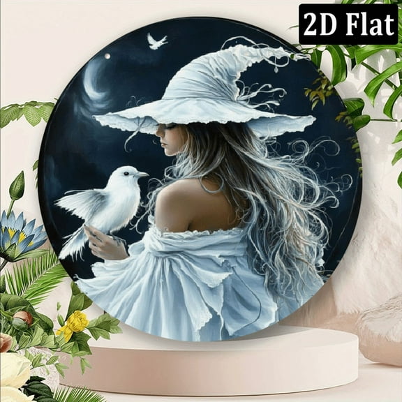2D Enchanting White Witch & Cat Round Sign - 8*8 Inch _ Durable, Fade-Resistant Wall Art for Home, Office, Cafe _ Mystical Forest & Starry Sky Design _ Ideal Halloween & Thanksgiving Gift