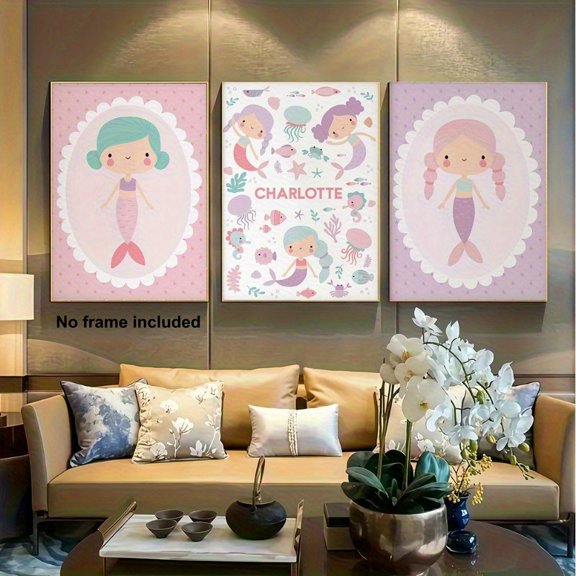 2D for FIAT, 3pcs Frameless Canvas Art, Mermaid Girl Nursery Print Set, Ocean World Poster for Girls' Room, Underwater Theme Wall Decor, Unframed Wall Art, 2D Flat, Perfect for Room Decor
