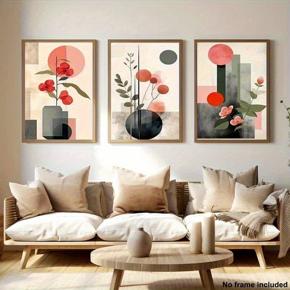 2D for FIAT, 3pcs Set, Frameless Canvas Print, Triptych Modern Geometric Plant Artwork with Pink Flowers and Leaves Design - Zen Wall Decor for Living Room, Bedroom, Office, Kitchen, Bathroom - Perf