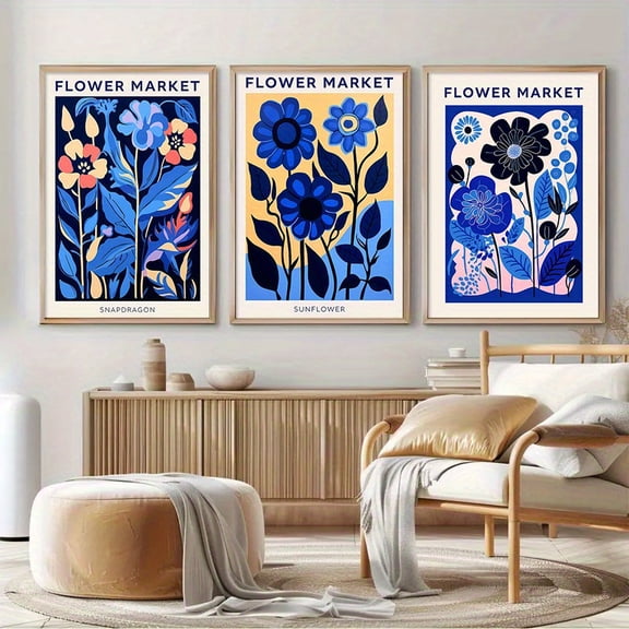 2D for FIAT, a set of 3 frameless canvas prints - vibrant floral illustrations in blue, yellow, and pink high-quality canvas art. Perfect for living room, bedroom, or office decoration | Essential w
