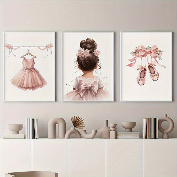2D FIat, 3pcs Ballet Dancer Canvas Wall Art Set - Modern and Artistic Decor Style, Classic Portrait Theme, Frameless, Suitable for Pink Watercolor Ballet Print with Bow and Shoes, Wall Decoration, 2