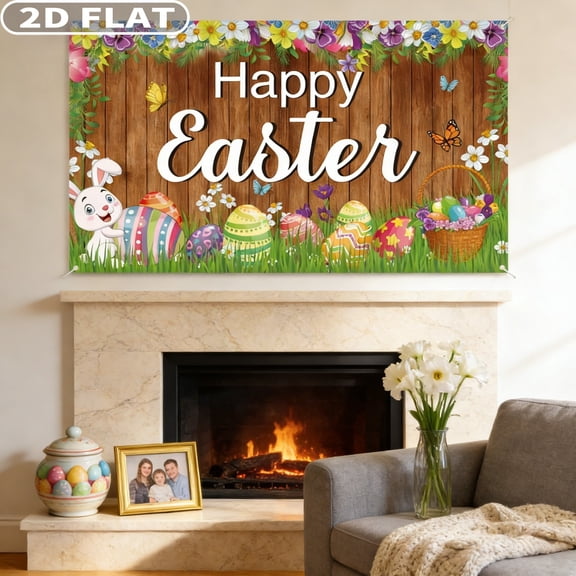 2D FLAT 1pc Party Photo Booth Props Large Happy Easter Backdrop, 110x180cm/43.31x70.87 Inch Durable Polyester Fabric Happy Easter Banner Happy Easter Decorations Indoor Outdoor Wall Background