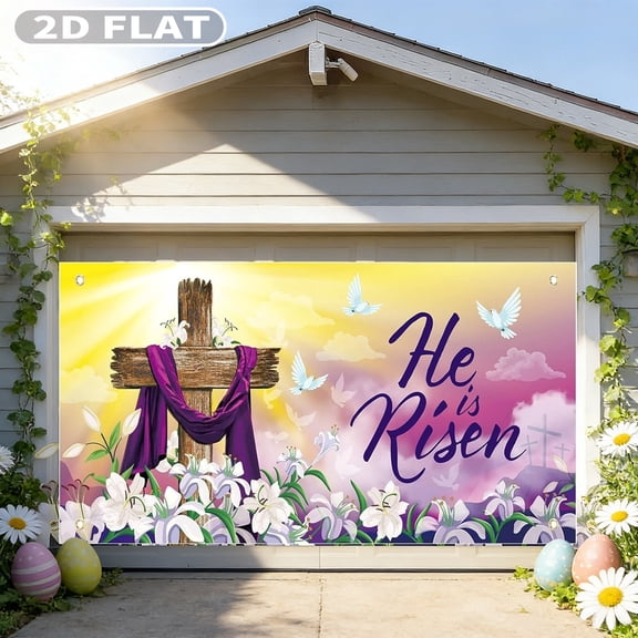 2D FLAT 1pc He Is Risen Spring Easter Garage Door Decor, 185x400cm/72.83x157.48 Inch Polyester Easter Garage Door Banner Cover Large Outdoor Easter Garage Door Mural Easter Cross Backdrop Decorations