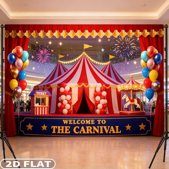 2D FLAT 1pc Studio Props Carnival Circus Tent Party Backdrop 72 X 44 Inch, Durable Polyester Carousel Ticket Red Curtain Fireworks Balloon Background for Party Decor, Birthday Carnival Banner