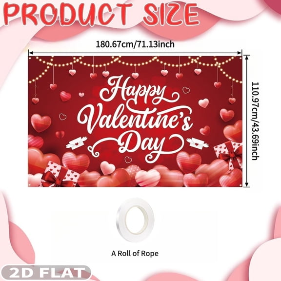 2D FLAT 1pc Studio Props Happy Valentine's Decor, Red Heart Backdrop Banner - Polyester 110.97x180.67cm Large for Home & Yard Parties, Large Party Decoration with Hearts, Happy Valentine's Day Text