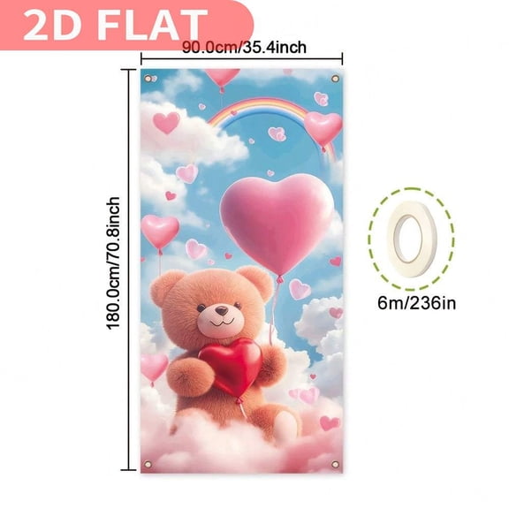 2D FLAT 1pc Valentine's Day Teddy Bear & Heart Clouds Door Banner tapestry, Durable Polyester, Versatile Celebration Decor, 89.92x179.83 cm, with No Electricity Needed, for Room, Wedding