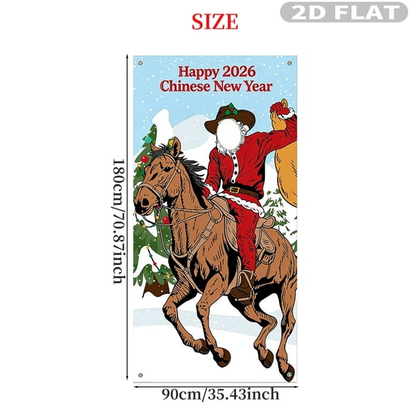 2D FLAT 1pc Western Cowboy Chinese New Year 2026 Party Photobooth Props, Polyester Banner, 2026 Horse New Year Design Backdrop Party Supplies, Rodeo Cowboy Face in Hole Photography Background