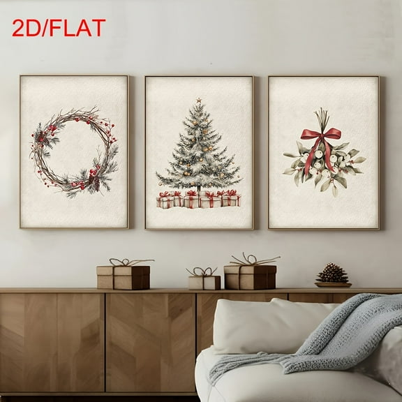 2D/FLAT 3pcs Set Unframed Vintage Christmas Wreath Pine Tree Rustic Poster Xmas Festival Wall Art Canvas Print Minimalist Farmhouse cottagecore Decor Winter Holiday Retro Painting for Apartment, Liv