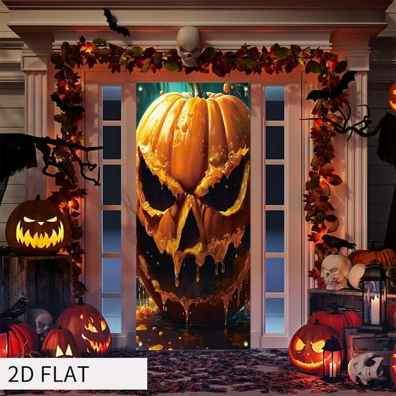2D FLAT BANNER Halloween Door Banner Decoration 1-Piece, Polyester Evil Pumpkin Photography Backdrop, Versatile Indoor/Outdoor Scary Halloween Decor for Carnivals, No Electricity Required