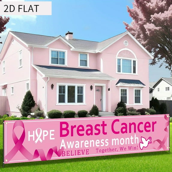 2D FLAT BANNER, Pink Ribbon Breast Cancer Awareness Polyester Yard Banner, Courage Strength Message, Indoor/Outdoor Garden Porch Lawn Decor, No Electricity Needed, Multipurpose Hanging Sign
