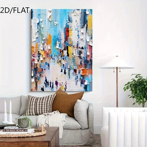 2D/FLAT, Large Abstract Cityscape Canvas Art with Frame - Vibrant Blue, Orange, Yellow & White Modern Wall Decor for Living Room, Office, Bedroom, or Study,