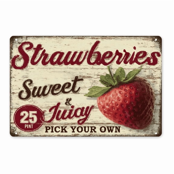 2D FLAT Vintage Strawberry Metal Sign Strawberries Sweet Juicy, Pick Your Own, 25 Pint Rustic Wall Decor for Kitchen, Bar, Pantry, Bedroom, Garden, and More, Garden Wall Art Vintage Wall Art.8*12in