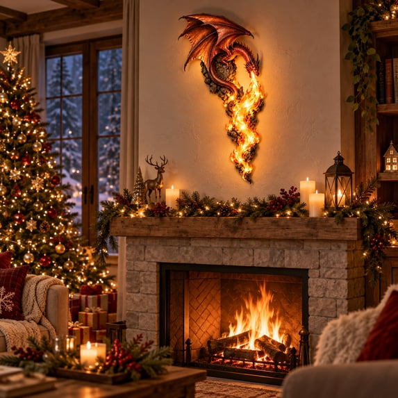 Wall String Ard 2D Fire Breathing Dragon Wall Decor with LED String Lights, Lighted ...