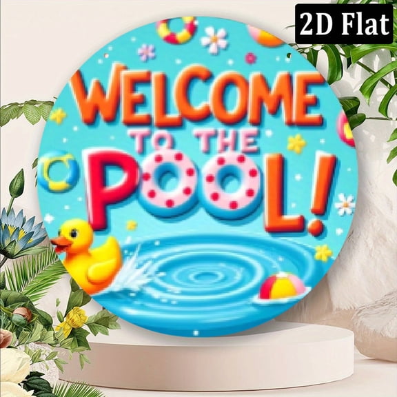 2D Flat, 1-Pack Large 8x8 Inch Aluminum Pool Welcome Sign - Bright Turquoise Background with Red Letters, Bold Welcome to the POOL! Text - High Quality Outdoor Decoration for Poolside, Patio