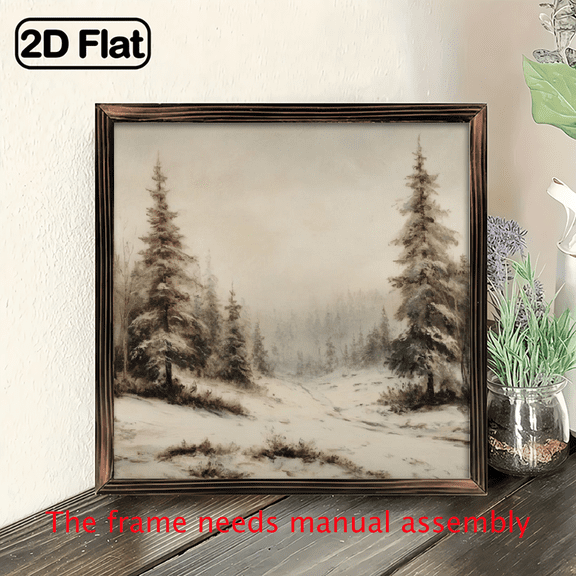 2D Flat, 1 Pc Wood Frame Sign, Vintage Winter Painting, Muted Brown Neutral Evergreen Forest Winter Trees Landscape, Christmas Home Decor Wall Art Painting, Ideal Gift for Living Room Bedroom Hall