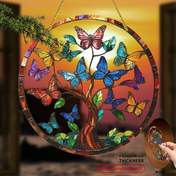 2D Flat, 1 Piece Tree of Life Traps with Butterflies - Decoration for 8x8 Colorful Glass Style Window with Vibrant Butterflies, Contemporary Art for Garden, Porch or Room