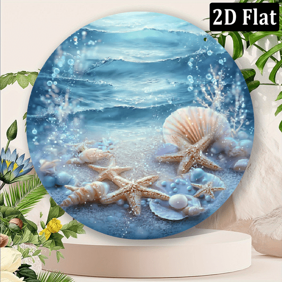 2D Flat, 1 Round Wall Sign - 8x8 Inch Vintage Underwater Theme with Starfish Seashells, HD Printed Artificial Wood Home Decor for Holidays, Graduation, Mothers Day - Perfect Gift for Cafe, Office