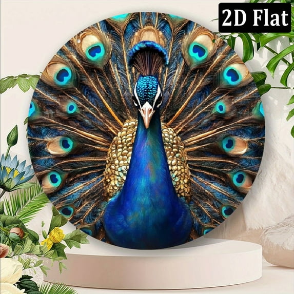 2D Flat, 1 Vibrant Peacock Metal Wall Art Plaque - 8*8 Inch Aluminum Vintage Decor with Lush Blue & Golden Feather Design, Indoor_Outdoor Wall-Mounted Art for Home, Office, Cafe, Bar, for Man Cave