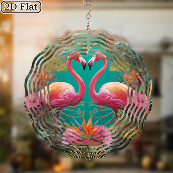 2D Flat, 10 Flamingo Metal Wind Spinner - Vibrant Pink Orange Outdoor Hanging Decor, Rotating Garden Patio Decoration with Tropical Design, Perfect for Christmas, Halloween, Thanksgiving, and All