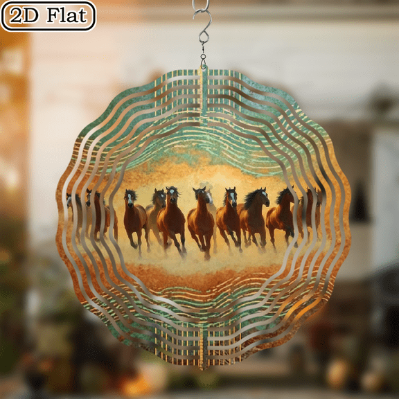 2D Flat, 10 Inch Majestic Horse Wind Chime - rotating Rotating Metal Art Galloping Horses Design Outdoor Garden Decor for Horse Lovers No Battery Needed Outdoor Wind Spinners