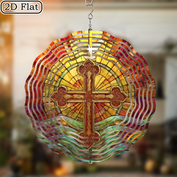 2D Flat, 10-Inch Metal Cross and Dove Wind Spinner - Religious OutdoorIndoor Decoration with Swivel Hook, Christian Church, Home, Yard Decor for Christmas, Easter, Wedding, Funeral - Durable Win
