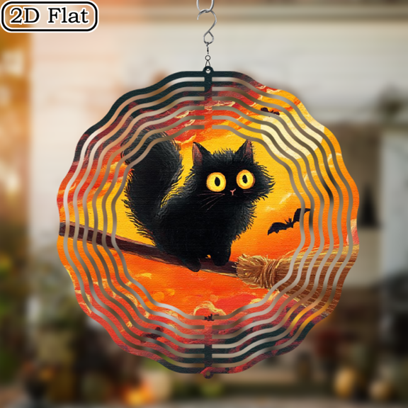 2D Flat, 10-Inch Metal Wind Chime with Rotating Kinetic Motion - Black Cat on Broom Bats Design, Durable Iron Construction for OutdoorIndoor Halloween, Christmas, Thanksgiving Autumn Decor - Spook