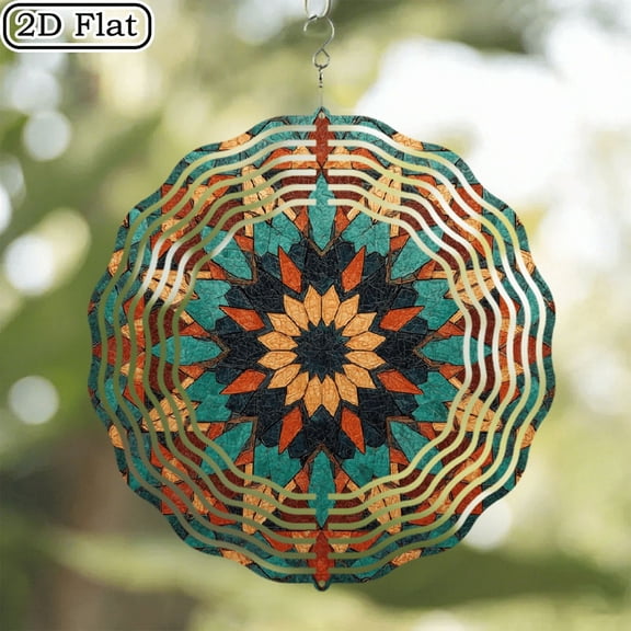 2D Flat, 10 Inch Vintage Geometric Quilt Wall Art Wind Chime - Mosaic-Style Painting with Multicolor Beige Brown Teal Taupe Hues, Rustic Farmhouse Decor for Indoor Outdoor Decor.