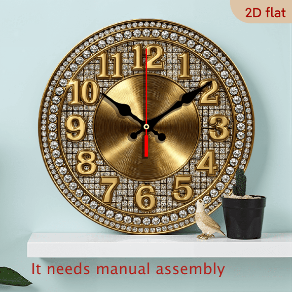 2D Flat 10Inch Golden Rhinestone Themed Wooden Wall Clock, Silent Decorative Wall Clock, Creative Wall Clock, Decoration Suitable for Bedroom, Living Room, Office, (without AA Batteries), 2D Fla
