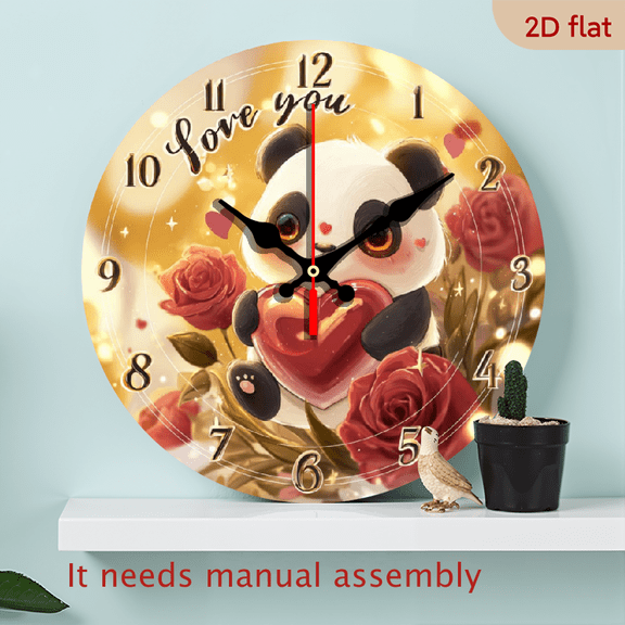 2D Flat 10Inch Panda Holding Heart with Love You Text, Wooden Home Silent Wall Clock- 2D Flat Printing, Suitable for Living Room, Bedroom, and Home Decorate, New Year's Day, Valentine's Day, Dec