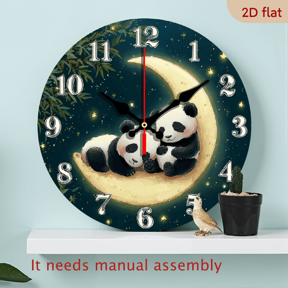 2D Flat 10Inch Panda-themed Moon Wall Clock, Wooden Home Silent Wall Clock- 2D Flat Printing, Suitable for Decorating Study Rooms, Classrooms, and Offices, New Year's Day, Valentine's Day, Decor