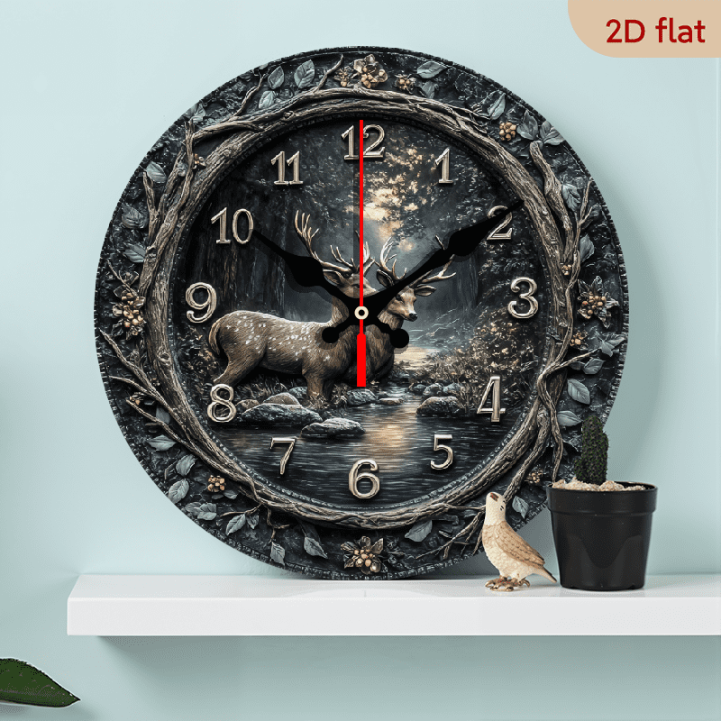 2D Flat 10Inch Rustic Deer in Forest Wooden Wall Clock - Silent ...