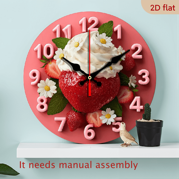 2D Flat 10Inch Strawberry DelightWooden Clock - Silent Non-Ticking Quartz Movement, Round Wall Clock with Strawberry Design, Pink Green Leaf Accents - Perfect for, Bedroom, Living Room, Kitchen