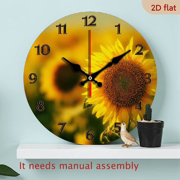 2D Flat 10Inch Sunflower Blue Sky Wall Clock - Vintage Art Deco Wooden Silent Non-Ticking Clock, Vibrant Floral Design for Living Room, Bedroom Decor - Perfect Christmas, Thanksgiving, Easter, N