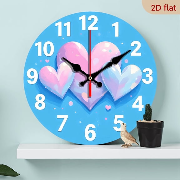 2D Flat 10Inch Wooden Clocks, Heart-Shaped Watch Pattern Theme Design, 1pc Creative Fashion Wall Clock, Round Silent Non-Ticking Artistic Timepiece for Living Room, Bedroom, Office Home Decor