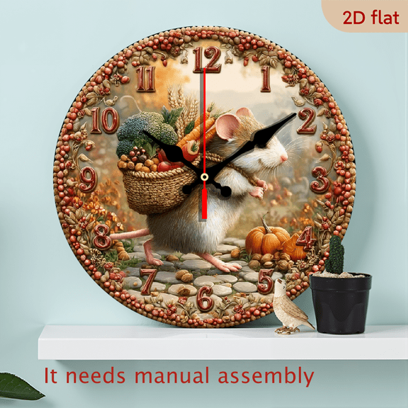 2D Flat 10Inch Wooden Round Wall Clock Autumn Harvest Mouse With Vegetables And Pumpkins 2D Flat Design For Home Decor Thanksgiving Holiday Decoration