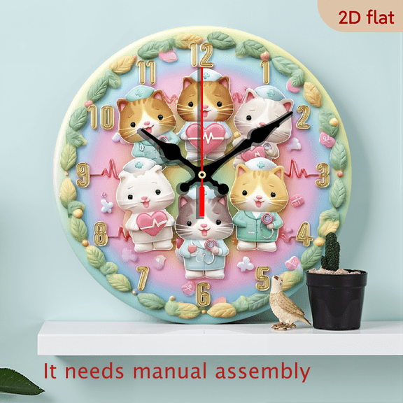 2D Flat 10InchCute Cat Doctor Wooden Wall Clock Pastel Color Kawaii Cats With Medical Tools And Pills Numbers For Living Room Bedroom Home Decor Perfect Gift For Pet Lovers And Nurses Day Celeb