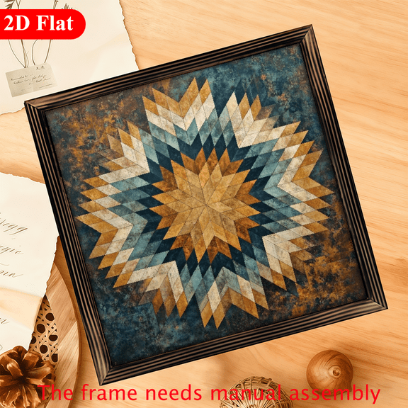 2D Flat - 12X12 Inch Wooden Sign Featuring a Charming Farmhouse Style Barn Quilt Star Stripe Design, Framed with Eight-Pointed Stars - Perfect Decorative Piece for Bedroom, Garage, Or Office Des