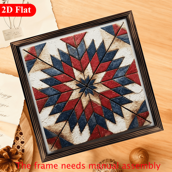 2D Flat An 12x12inch Rustic Wall Art Featuring a Farmhouse-Style Barn Quilt Star with a Striped Wooden Frame This Octagonal Star Design Comes in Polished Red, Blue, Beige, And White Colors, Perf