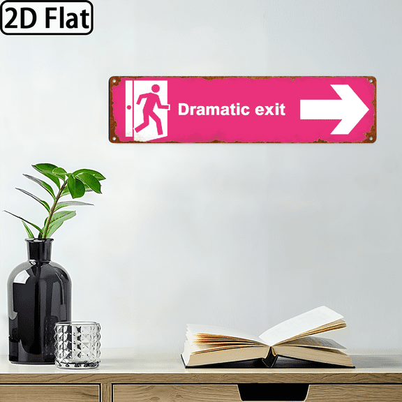 2D Flat, 16x4 Inch Retro Metal Wall Sign - Dramatic Exit Directional Plaque with Pink Arrow, Vintage Contemporary Home Street Decor for Cafe, Restaurant, Room, Wall Art, 2D Flat