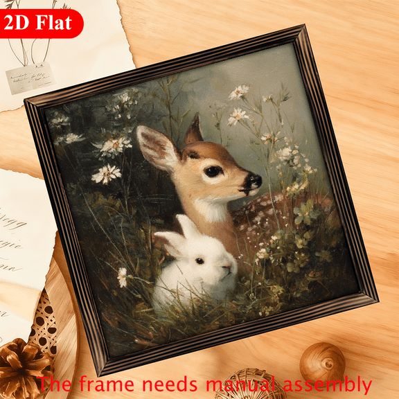 2D Flat 1Pc Easter Wood Frame Sign Vintage Deer and Rabbit Wall Art, Classic Woodland Animal Painting Canvas, Nature Floral Artwork, Antique Style Home Decor, New House Gift Wood Frame Wall Art