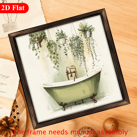 2D Flat, 1Pc Frame Sign Surrounded by green plants, vintage bathtub, watercolor freehand style Wall Art Paintings Ideal Gift For Living Room Bedroom Corridor Wall Decor Room Decoration Ready to