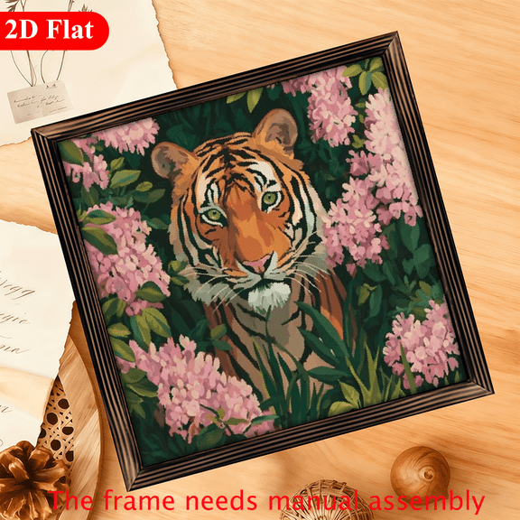 2D Flat, 1Pc Frame Sign Tiger, pink floral jungle, art nouveau style Wall Art Paintings Ideal Gift For Living Room Bedroom Corridor Wall Decor Room Decoration Ready to Hang 12x12inch