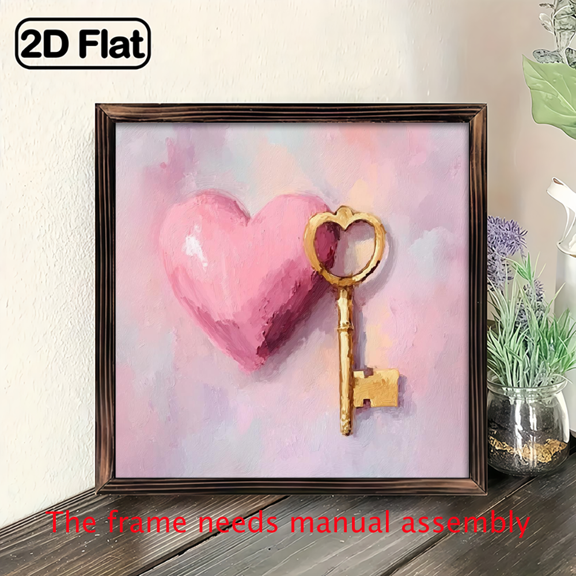 2D Flat 1Pc Valentine's Day Wood Frame Sign Heart Key Square Wall Art Paintings Ideal Gift For Living Room Bedroom Corridor Wall Decor Room Decoration Ready to Hang 8x8inch