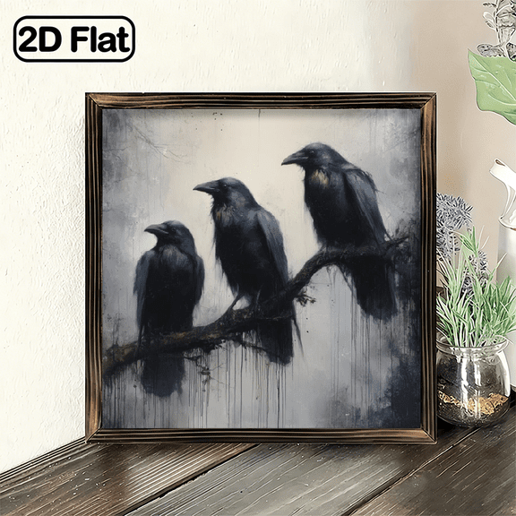 2D Flat, 1Pc Vintage Rustic Frame Sign Crow group, withered branches and fog, dark realistic style Frame Wall Art Wall Pediments, 8x8inch Wall Decor Home Decorations, Perfect for Room Decor Livi