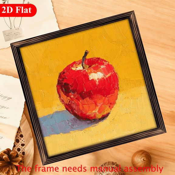 2D Flat 1Pc Wood Frame Sign Apple, Oil Painting Square Wall Art Paintings Ideal Gift For Living Room Bedroom Corridor Wall Decor Room Decoration Ready to Hang 12x12inch
