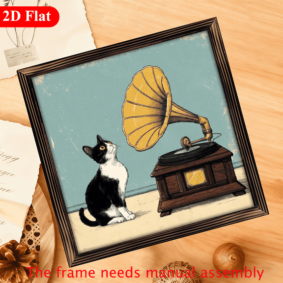 2D Flat, 1Pc Wood Frame Sign Black cat and phonograph, vintage music scene, Art Nouveau style Wall Art Paintings Ideal Gift For Living Room Bedroom Farmhouse Corridor Wall Decor Room Decoration