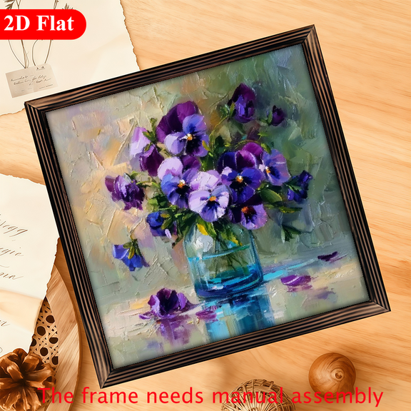 2D Flat, 1Pc Wood Frame Sign Bouquet of violets, transparent vase, Impressionist oil painting style Wall Art Paintings Ideal Gift For Valentine's Day, husband, beloved, and family Living Room Be