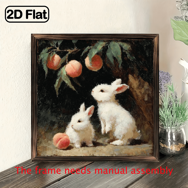 2D Flat, 1Pc Wood Frame Sign Bunny Rabbits, Vintage Farmhouse Square ...